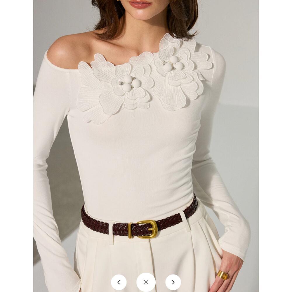 NWT Commense Off-Shoulder 3D Floral Embellished T-Shirt Sz XL
